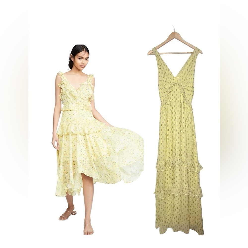 En crème yellow frill detailing maxi dress silver dots medium
